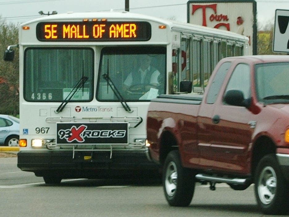 A Metro Transit bus turns a corner on its way to the Mall of America in Bloomington, Minnesota.