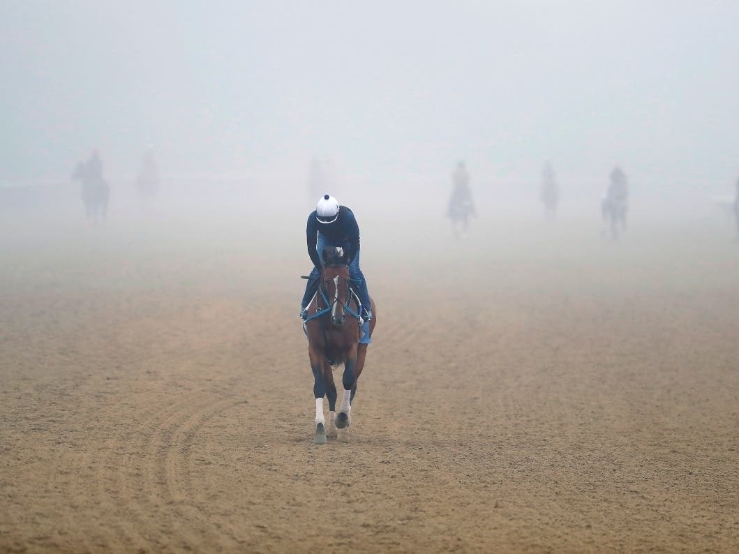 Riders work out horses in the early morning fog at Belmont Park in Elmont, New York.