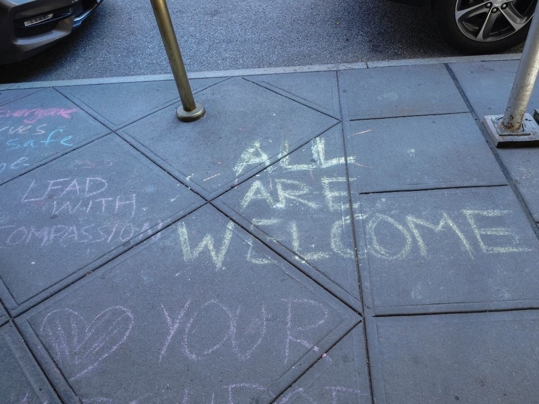 An image of art work made during a chalk event organized by the Upper West Side Open Hearts Initiative outside the Lucerne on the UWS.  