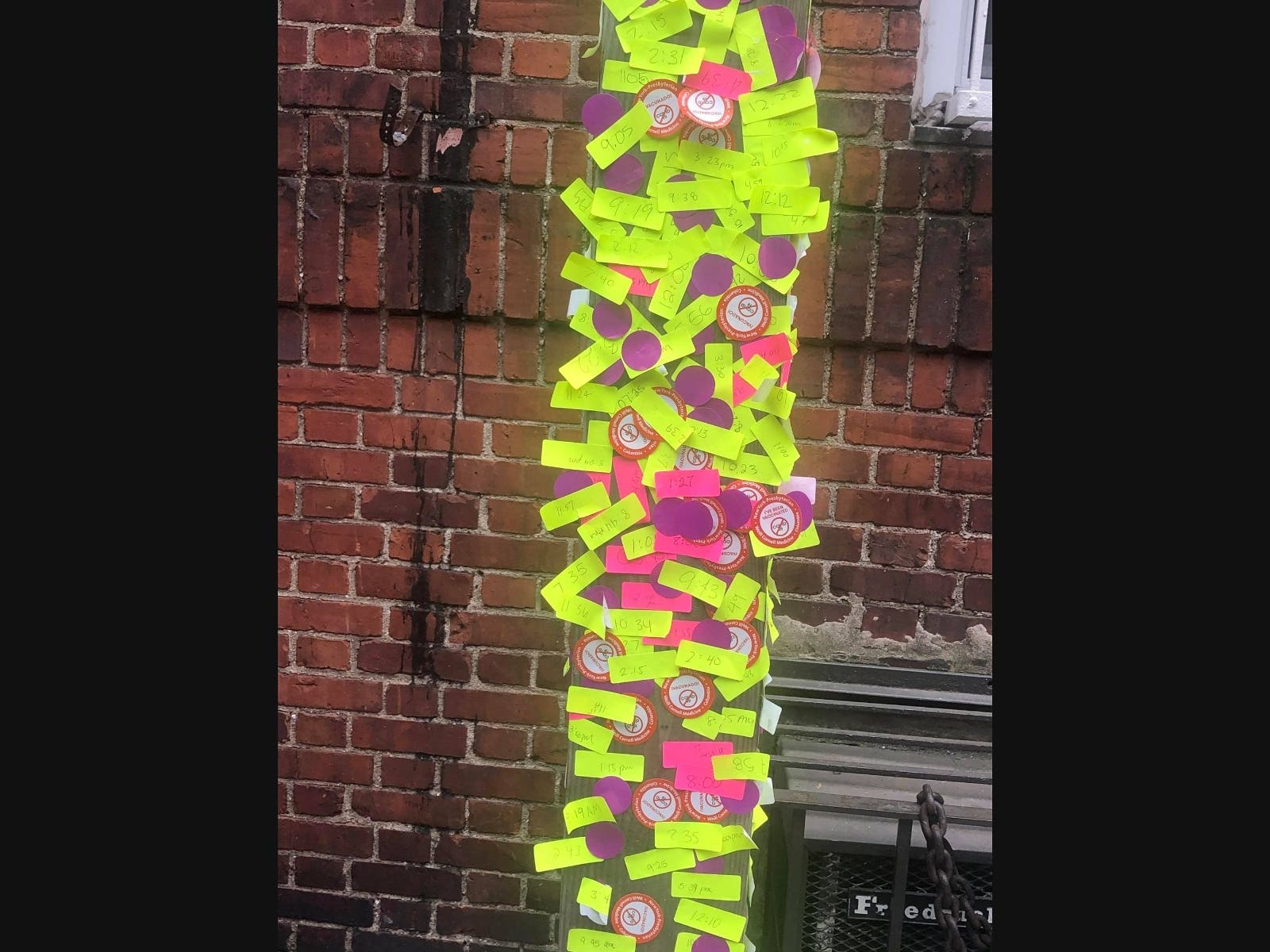 An image of the vaccination sticker tree in Washington Heights, just outside the Armory.