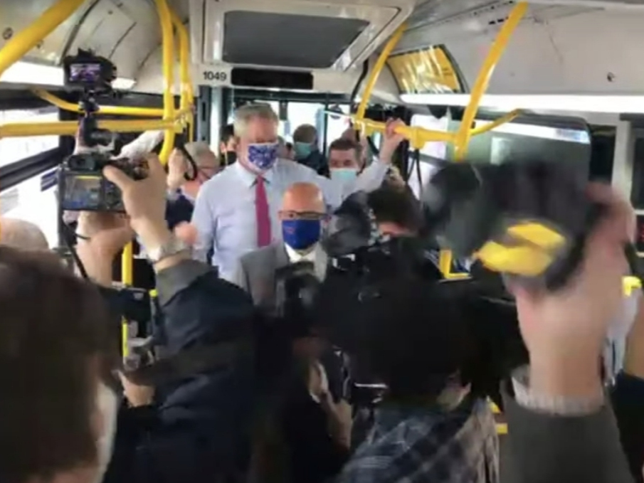 An image of Mayor Bill de Blasio getting onto the bus at 181st Street in Washington Heights.