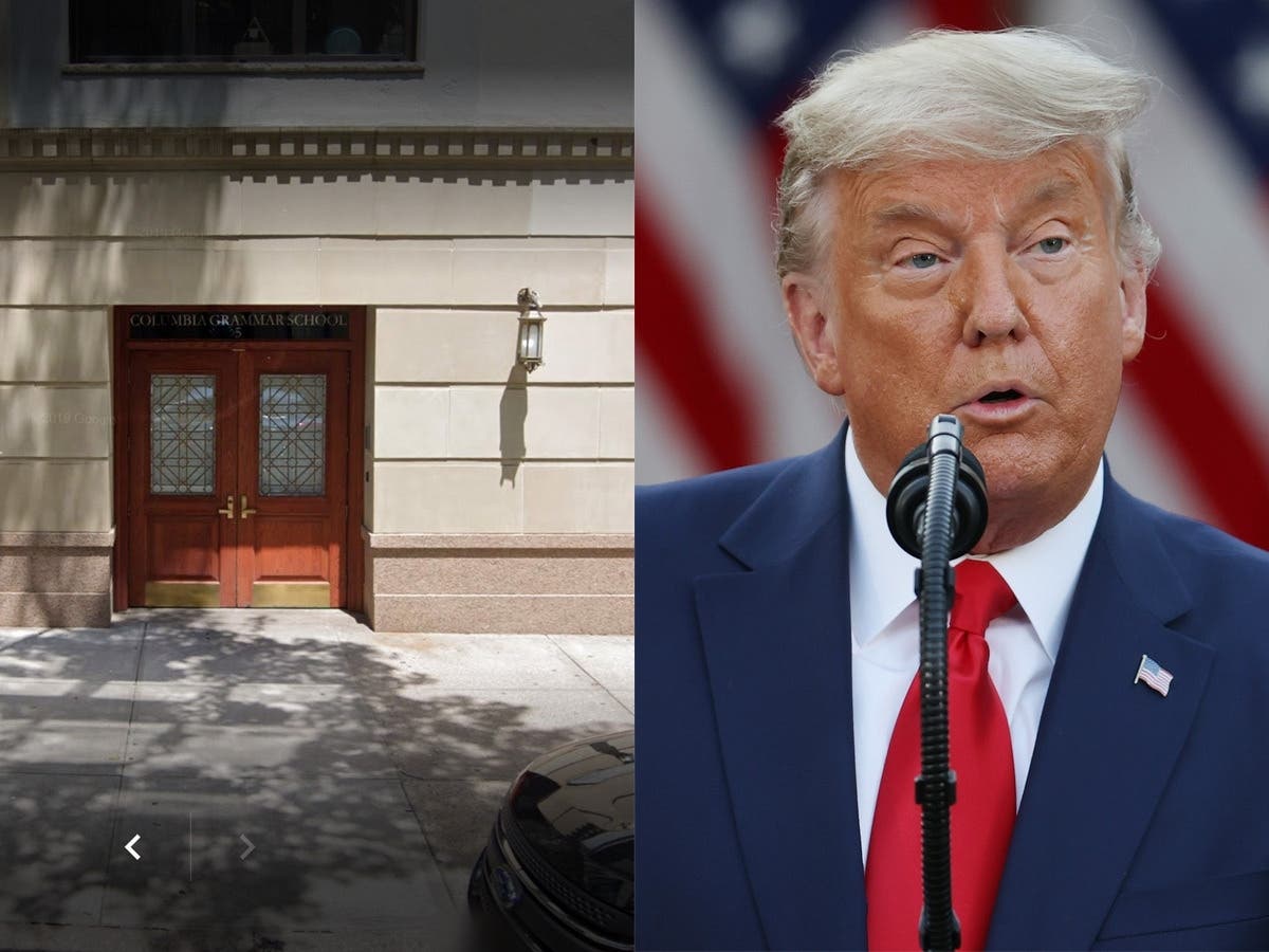 An image of the Columbia Grammar & Preparatory school on the Upper West Side and former President Donald Trump.