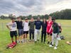 It is always a special moment when SHS cross country alumni return to see the current members. Here Paul Duncanson and Elijah Brown, in the center, are with Josh Kydes, Ryan Munoz, Amos Colocho, Andrew Maldonado, James Bragg-Phillips, and Kalaba Kibwe. 