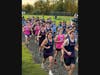 Runners in a bunch two hundreds into the SWC regular season finale on Tuesday October 13th 2026 at New Fairfield High School.  In the bunch wearing pink for October Cancer Awareness the Bunnell Boys Cross Country team.