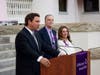 Gov. Ron DeSantis (from left) joins Florida Department of Elder Affairs Secretary Richard Prudom and Michelle Branham, vice president of public policy for the Alzheimer's Association in Florida, on the steps of Florida's Historic Capitol.