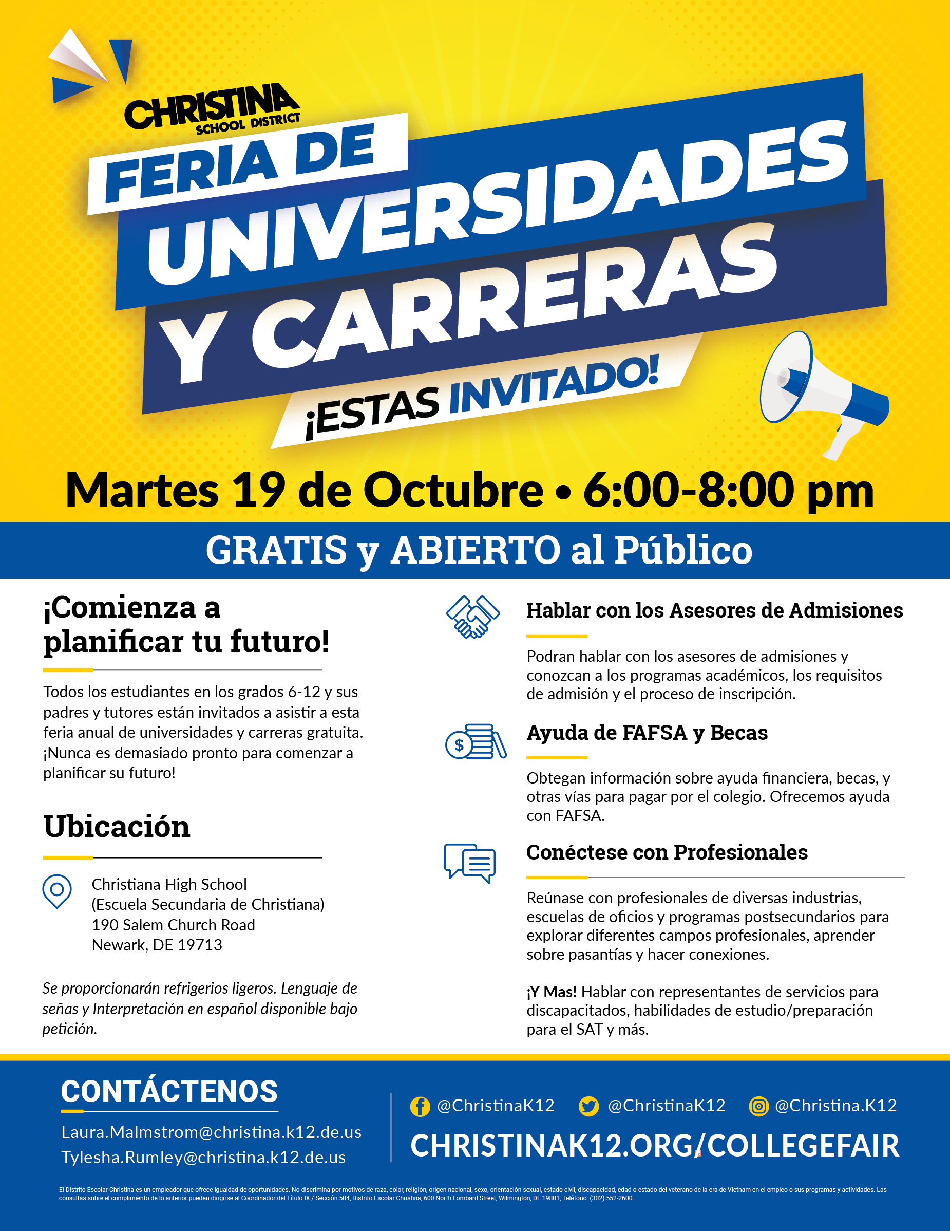 Christina School District Feria de Universidades y Carreras, Martes de Octubre 19