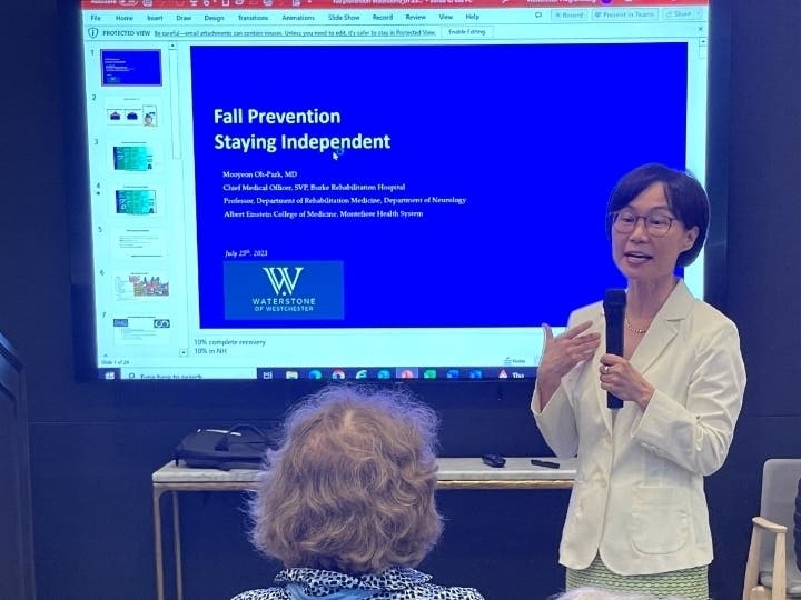 Mooyeon Oh-Park, MD, Chief Medical Officer at Burke Rehabilitation addresses senior residents at Waterstone of Westchester as part of new education series 

