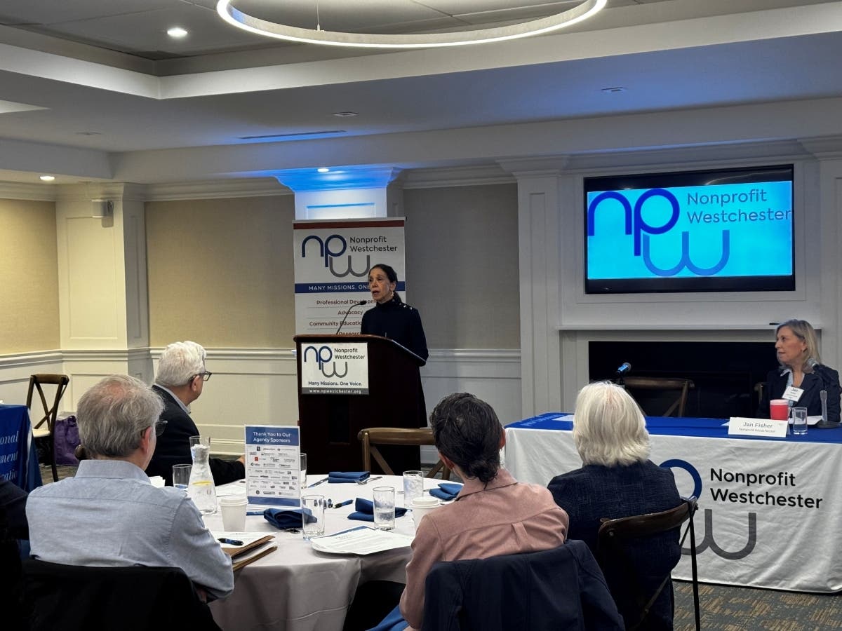 Amy Paulin addresses Nonprofit Westchester gathering. 