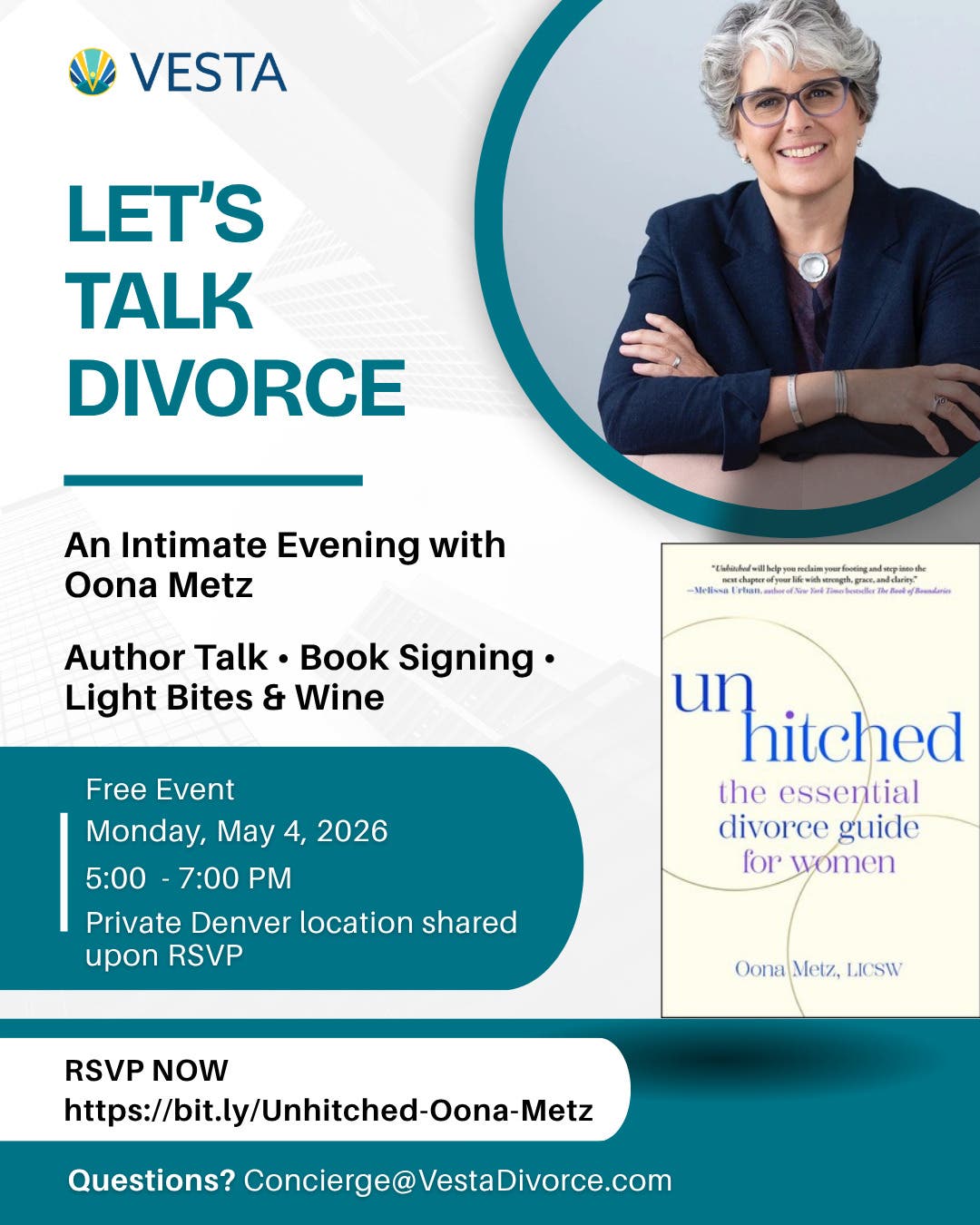 Free In-Person Event! Let’s Talk Divorce: Meet Oona Metz, Author of Unhitched