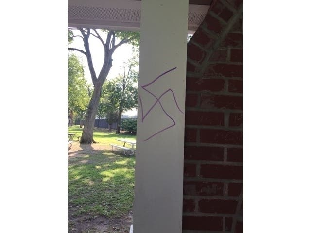 One of the swastikas drawn at Theodore Roosevelt Park in Oyster Bay.