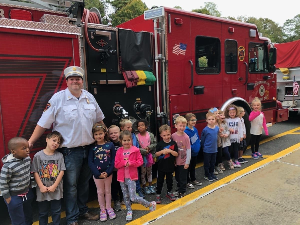 Volunteer firefighters from the Centerport Fire Department visited Washington Drive Primary School to teach Kindergartners about fire safety.