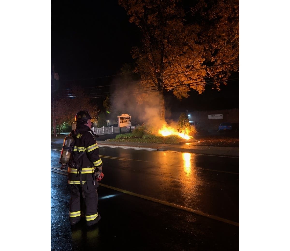 A tree, transformer and the ground all caught fire in Smithtown Tuesday night, prompting a response by the Smithtown Fire Department.