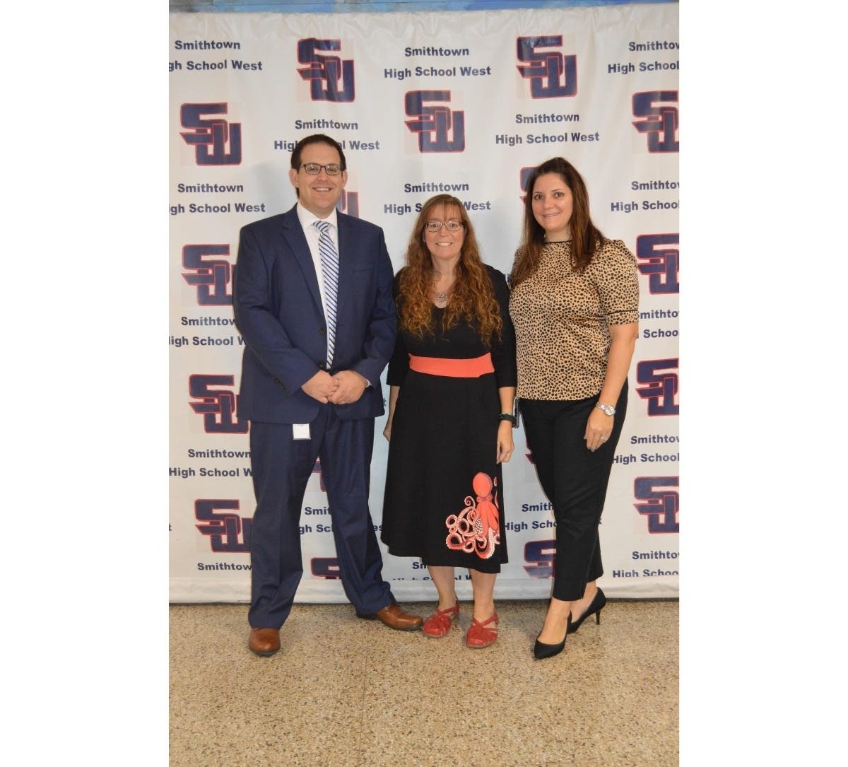 From left, Smithtown High School West Assistant Principal Christopher Elsesser, NYS Master Teacher and HSW science teacher Kimberly Williams and science chairperson Laura Snell.
