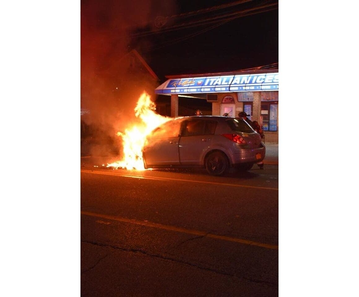 A hit-and-run Sunday evening in East Northport led to a car fire.