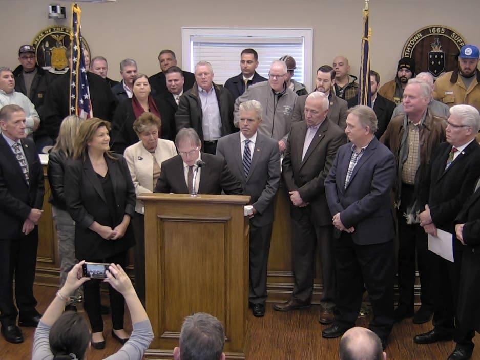 State, County & Town Officials stand with Kings Park community against the Nissequogue River State Park Foundation's opposition to a proposed marina and D.E.C. Marine Resource Headquarters.