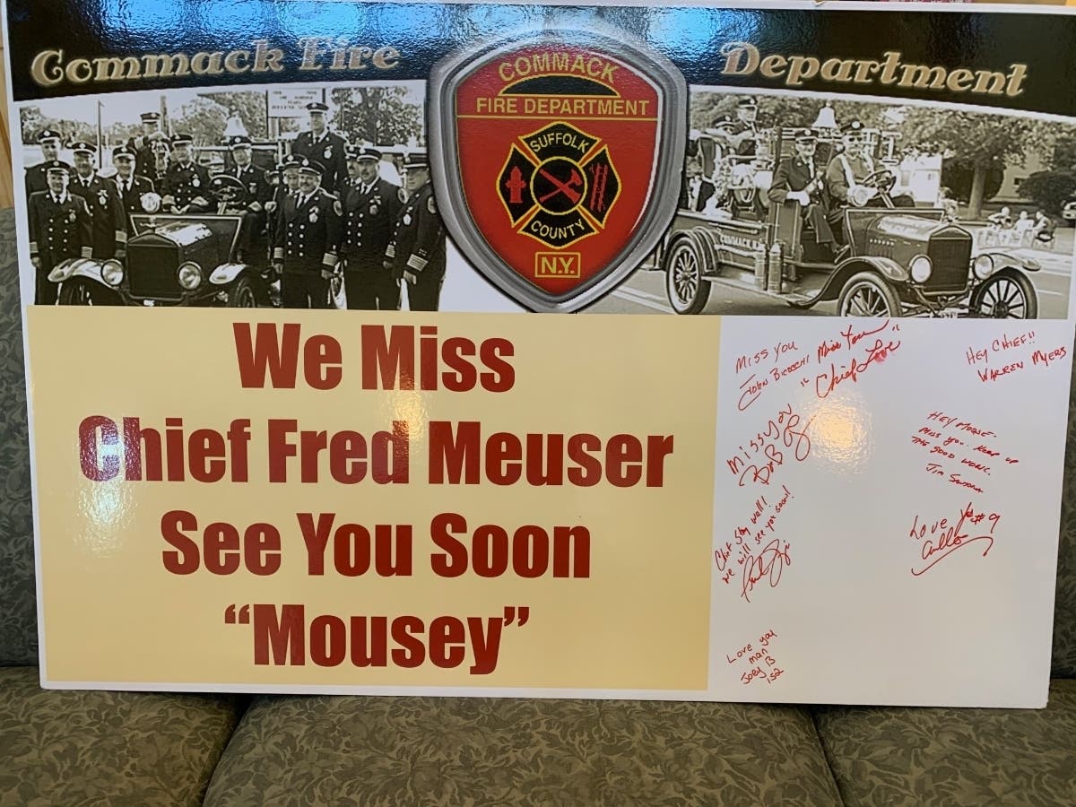 Members of the Commack Fire Department on Saturday visited 89-year-old ex-chief Fred Meuser at Huntington Hills, a nursing home in Melville.