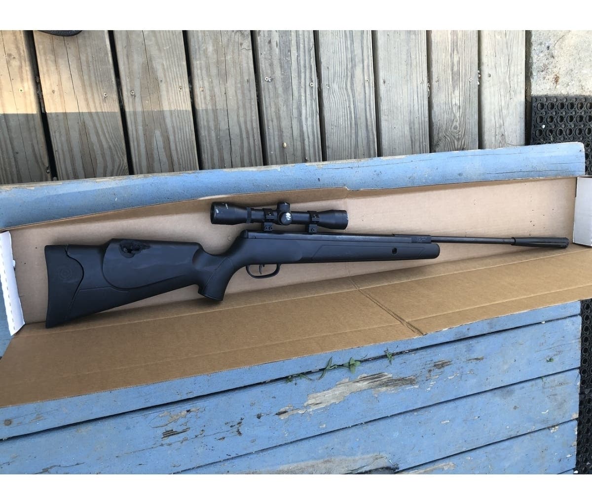 Jeffrey McClure​, 26, of East Northport, was shot dead on Grant Street Sunday after police said he climbed on a roof, pointed a pellet rifle (pictured) at officers, and threatened to shoot.