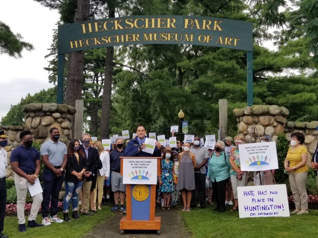 An anti-bias press conference is held at Heckscher Park in Huntington on Friday to launch the Town's new project, "Hate Has No Place in Huntington."