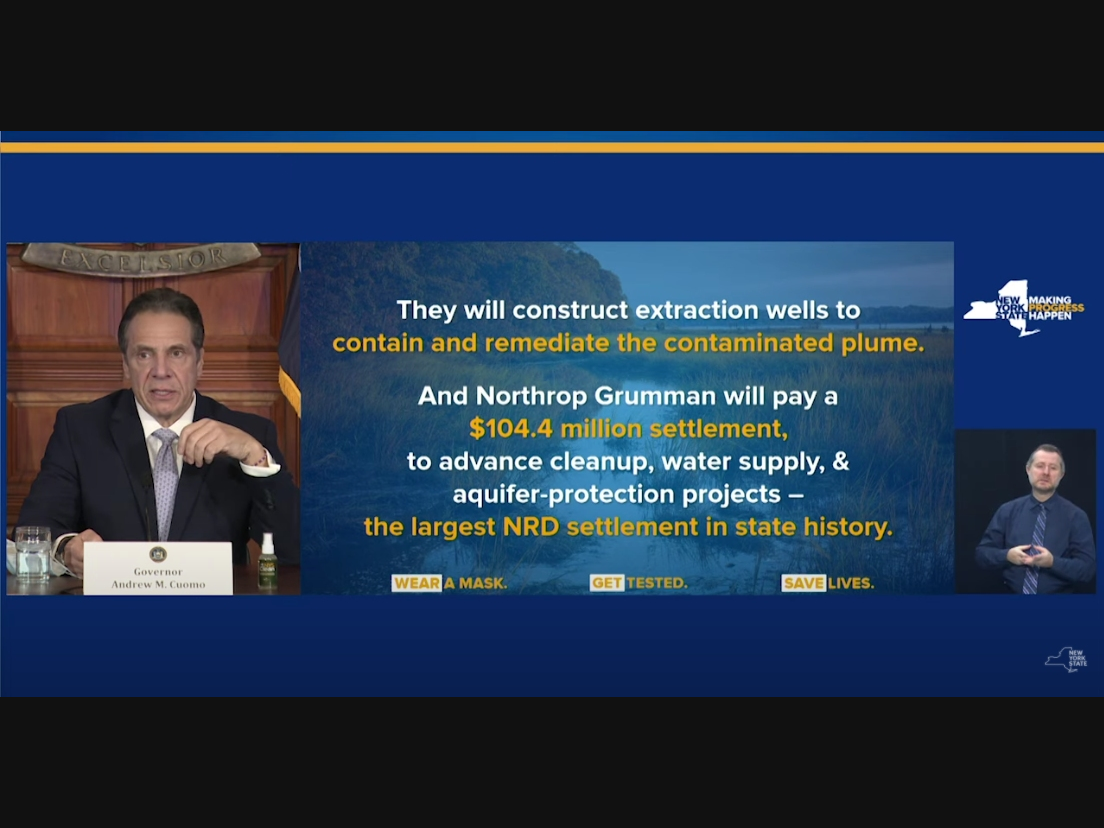 Gov. Andrew Cuomo announced an agreement with Northrop Grumman and the Navy to fully contain the toxic water plume in Bethpage.