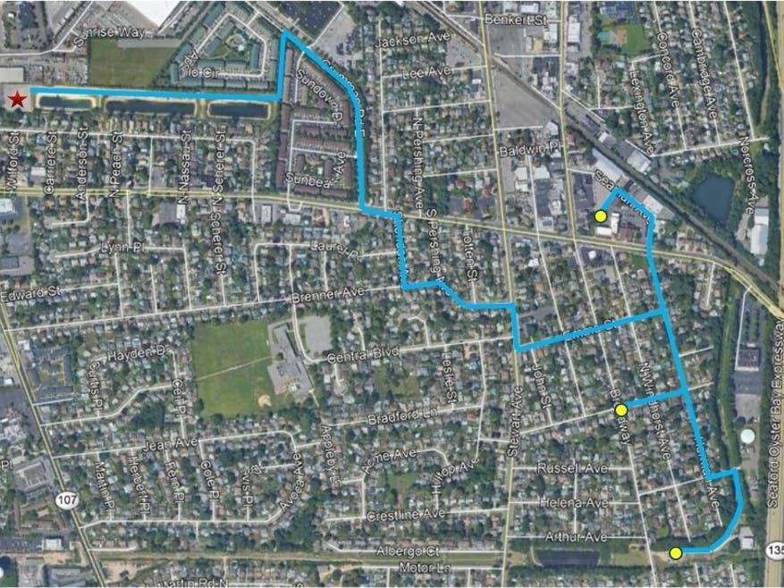 A map of the system route of piping, with wells being represented by yellow dots and the red star marking the treatment system location. The Town of Oyster Bay on Tuesday approved a pipeline path for the remediation of the Grumman-Navy plume hotspot.