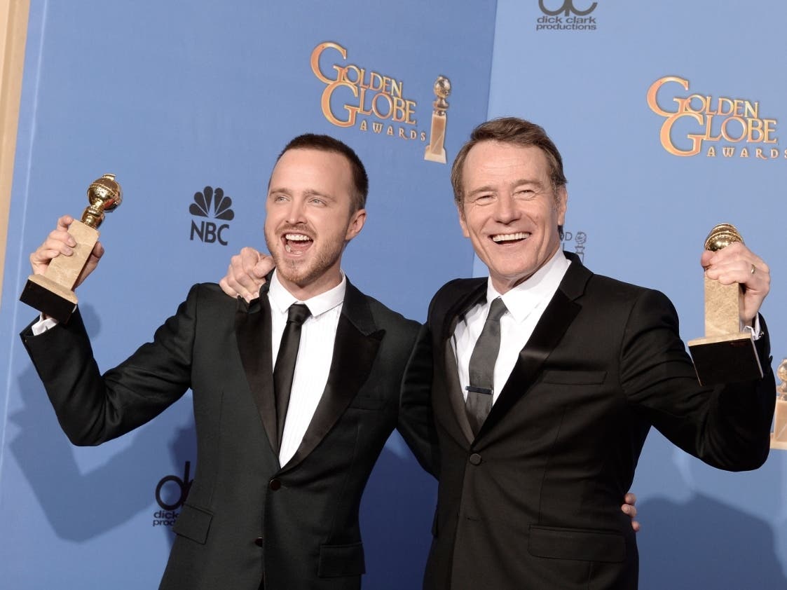 Aaron Paul (left) and Bryan Cranston at the 71st Annual Golden Globe Awards in January 2014. The pair recently visited Besito Mexican Restaurant-Huntington to advertise their Dos Hombres mezcal.