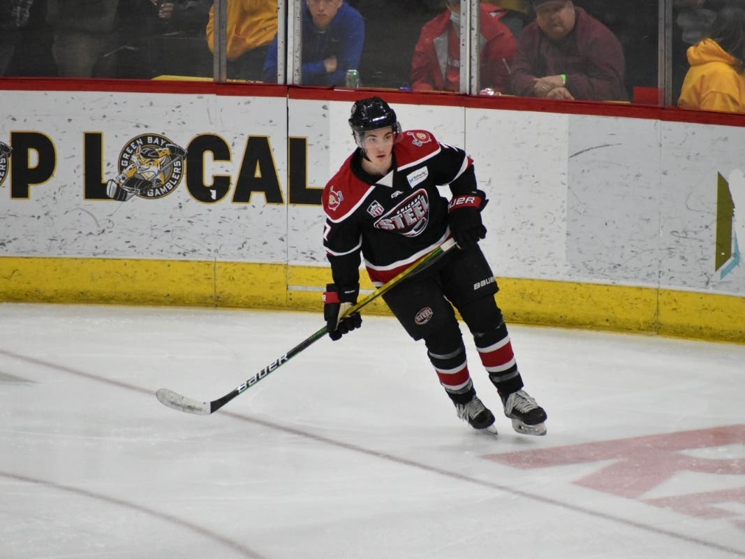 Ryan Ufko on the ice for the Chicago Steel. The Smithtown native was drafted on Saturday by the Nashville Predators organization of the National Hockey League.