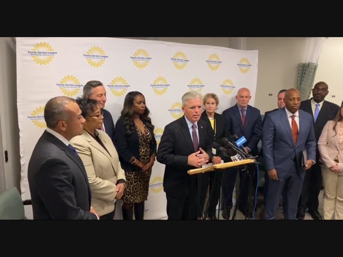 Suffolk County Executive Steven Bellone on Thursday discusses the county's partnership with the Family Service League to provide those with mental illness and/or substance use disorders with necessary services.