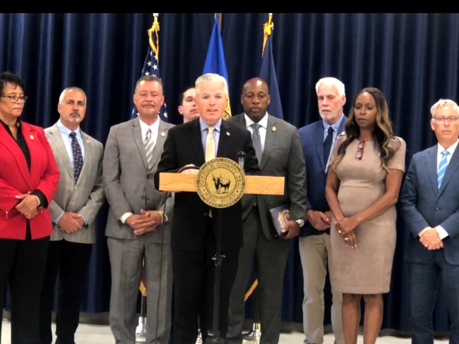 Suffolk County Executive Steve Bellone on Thursday announces the upcoming first phase of police-worn body cameras in the county.