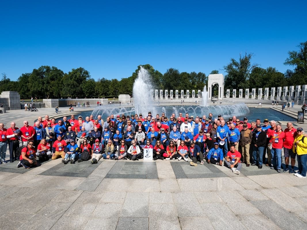 A group photo of U.S. veterans that was taken in Washington D.C., showing all of the veterans plus their guardians and the Honor Flight board. They are set to reunite again at American Airpower Museum in Farmingdale on Dec. 3.