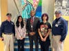 L-R: American Legion Greenlawn Post 1244’s Charlie Armstong, Girls’ State participant Nayira Kabarajian, Asst. Principal for Guidance, Corey Blair, Girls’ State participant Eliana Montague,  American Legion’s Hal Dieterle.