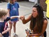 New Smithtown Elementary School Principal Dr. Mary-Ellen Kakalos (right) meeting incoming students.