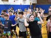 Accompsett Elementary fourth and fifth graders dancing during “KerboomKidz” event on Sept. 14.