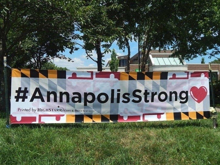 A memorial was established outside the Capital Gazette newsroom after the shooting June 28, 2018.