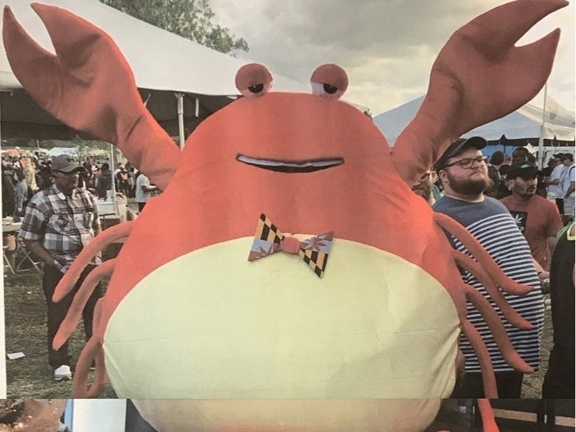 The crab is the mascot for Crabcakes & Cannabis, a "lifestyle and accessory brand" celebrating both marijuana and Maryland. The crab costume includes a bowtie with red and white marijuana leaves blended with the Maryland flag colors.