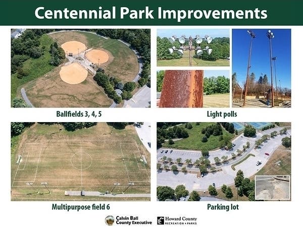 Improvements at Centennial Park West include athletic lighting replacements, turf baseball diamonds, turf fields and pathways. The grant also​ will support new playground equipment and safety surfacing for Schooley Mill and Warfields Pond parks. 