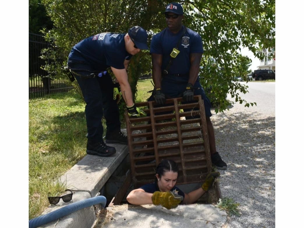 Howard County firefighters recently rescued a baby bird trapped down inside a storm drain.