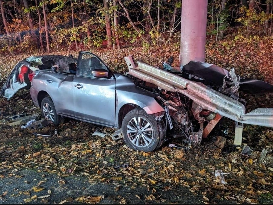 It took emergency responders 17 minutes to extricate the trapped person by removing the roof, two doors and a 12-foot section of guardrail that was imbedded inside the car. 