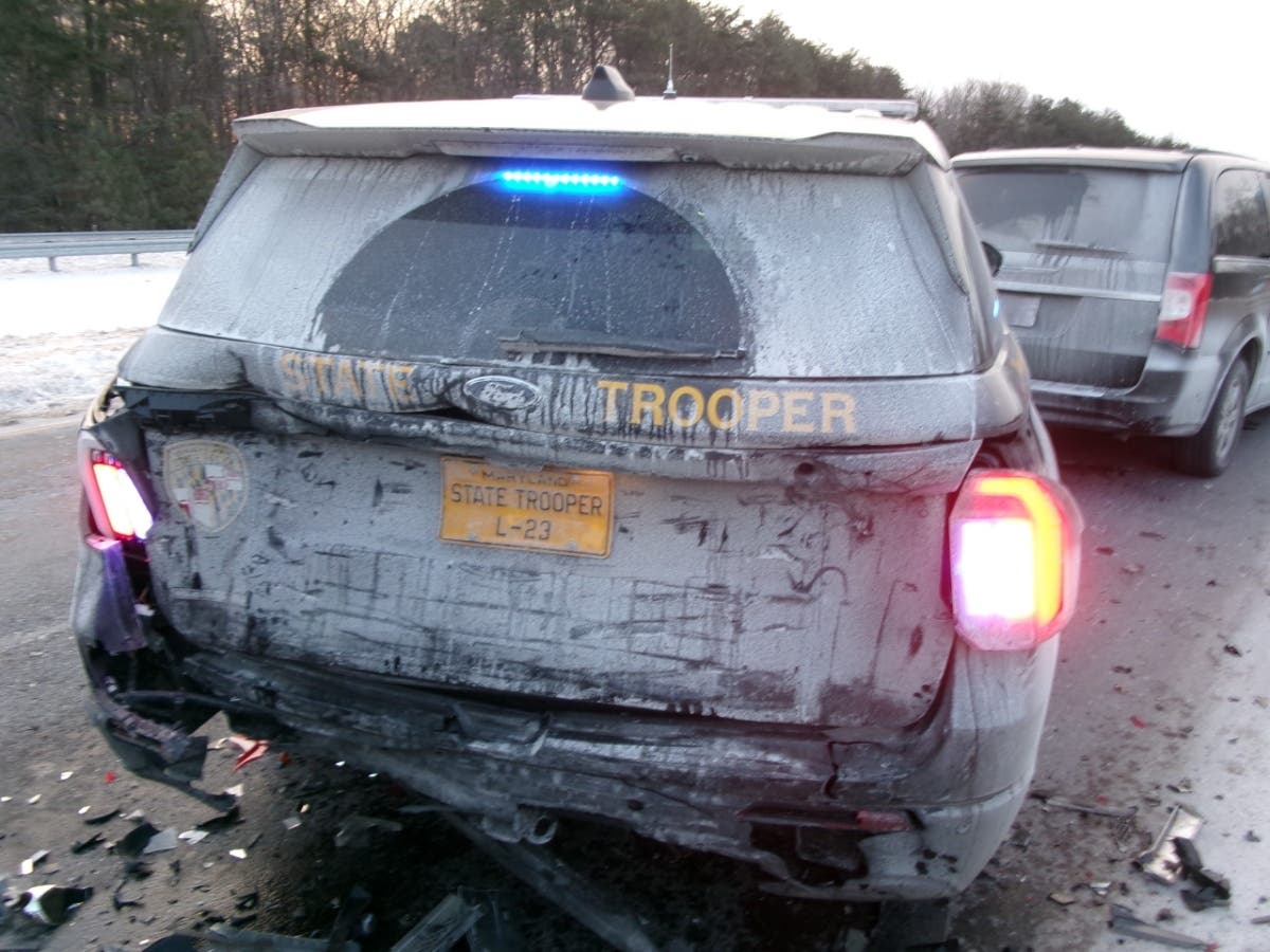 The incident happened Saturday morning shortly before 7 a.m. While the trooper was standing outside of his patrol vehicle, a black Ford F-150 crashed into the rea of the trooper's vehicle, which caused the vehicle to hit the trooper. 