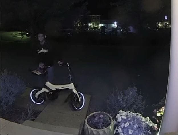 In a video shared by the Aberdeen Police Department, an individual can be seen on a doorbell camera wheeling a bike to the front steps of a porch, leaving it there and walking away. Police would like to speak to this individual.