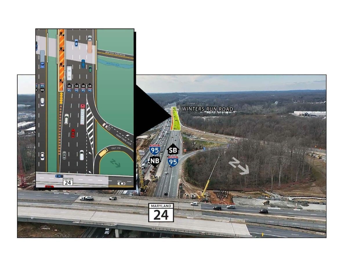 Since February 2026, traffic has operated in a split pattern with a barrier wall separating the left lane from the right lanes. The new pattern will remove that configuration and shift southbound I-95 lanes to the right of the work zone.  