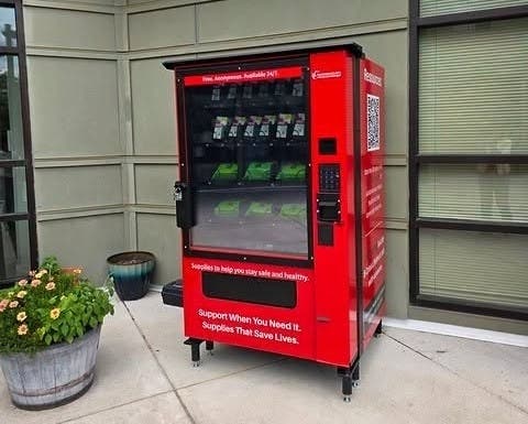 The Naloxone and Safe Choice Vending ﻿Machines are automated. Each machine is stocked with two-dose boxes of naloxone for emergency overdose reversal; test strips to check substances for fentanyl, xylazine, barbiturates and medetomidine; and condoms.