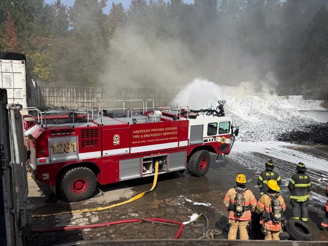 Crews from multiple fire stations were called to the Joppa facility located in the 1200 block of Pauls Lane Friday shortly after noon. The fire was contained to a pile of shredded tires and didn't spread to nearby buildings.