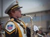 Brendan Schultz performing as an Alto Saxophone student leader during the 2018 marching band season.