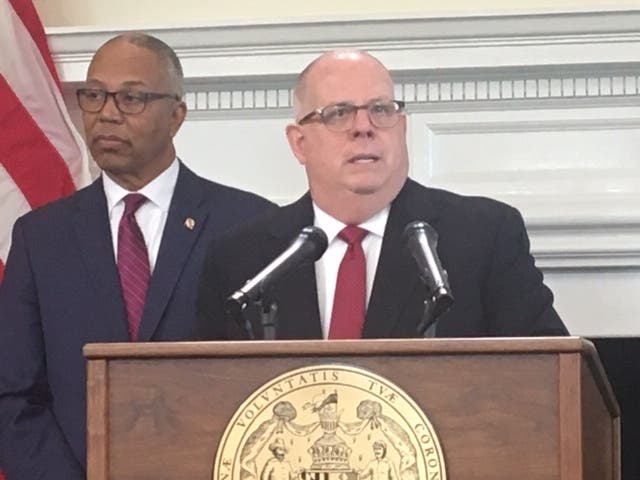 Gov. Larry Hogan, with Lt. Gov. Boyd K. Rutherford (R) behind him, announces a proposal Thursday to cut taxes for retirees. The price tag could top $1 billion. 