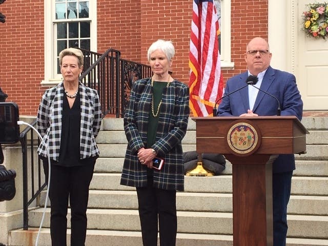 Gov. Lawrence J. Hogan Jr. first announced child care for essential workers at a March news conference, with Deputy Health Secretary Fran Phillips (center) and State Superintendent of Schools Karen B. Salmon. The state's payment for this ends June 7.