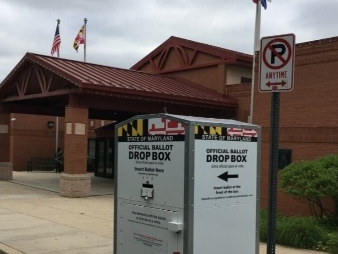 A ballot drop-off box sits outside the Edward Bohrer Recreation Center in Gaithersburg.