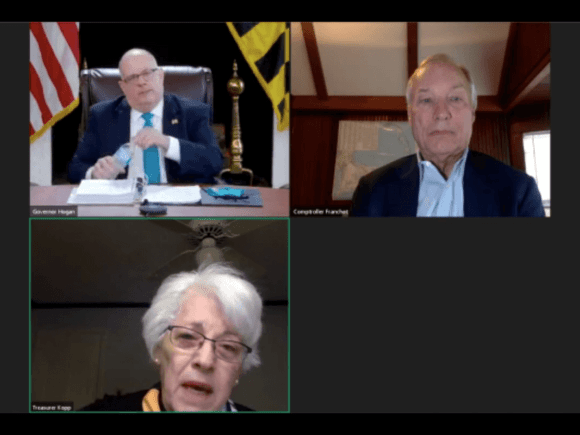 Maryland Board of Public Works members Gov. Lawrence J. Hogan Jr. (top left), Comptroller Peter V.R. Franchot (top right) and Treasurer Nancy Kopp (bottom left) at their virtual meeting July 1.