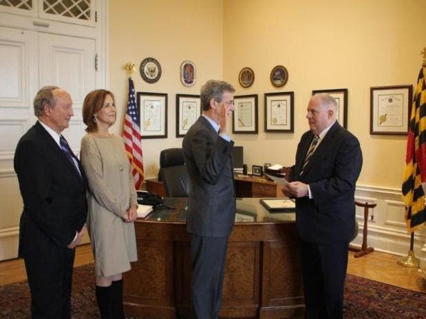 A rare picture of Attorney General Brian E. Frosh (D) and Gov. Lawrence J. Hogan Jr. (R) together, as Hogan swore in Frosh for a second term. Facebook photo