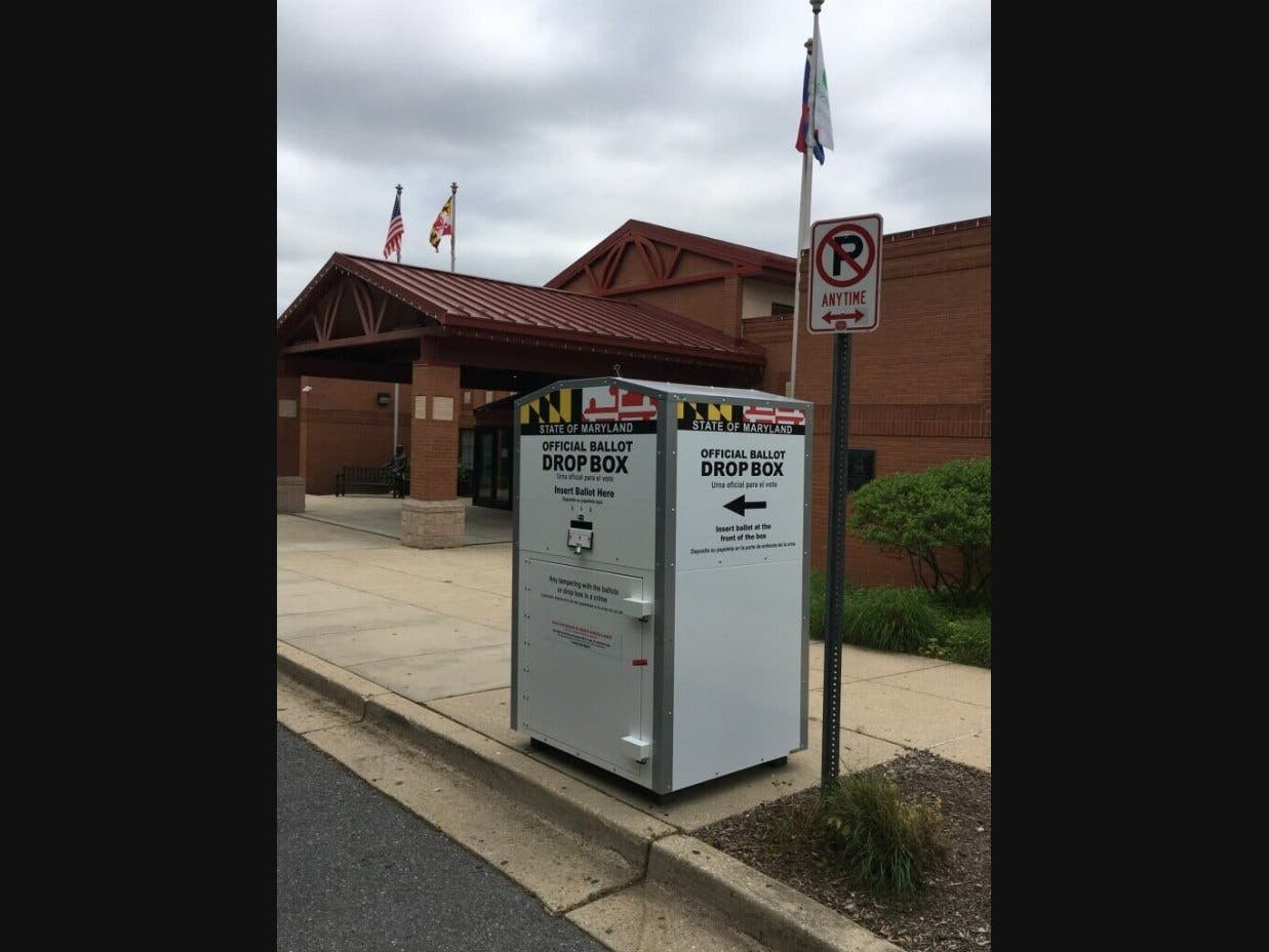 A ballot drop-off box for the June primary outside the Edward Bohrer Recreation Center in Gaithersburg.