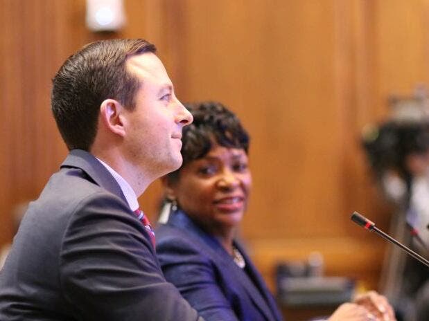 Senate President Bill Ferguson (D-Baltimore City) and House Speaker Adrienne A. Jones (D-Baltimore County) testifying.